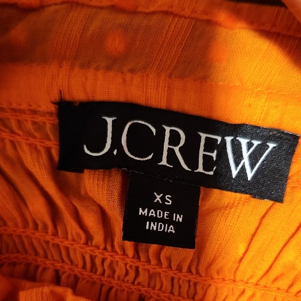 J. Crew Stretchy Bright Orange Smocked Blouse Puff Sleeves Ruffle Crew Collar - Picture 2 of 7